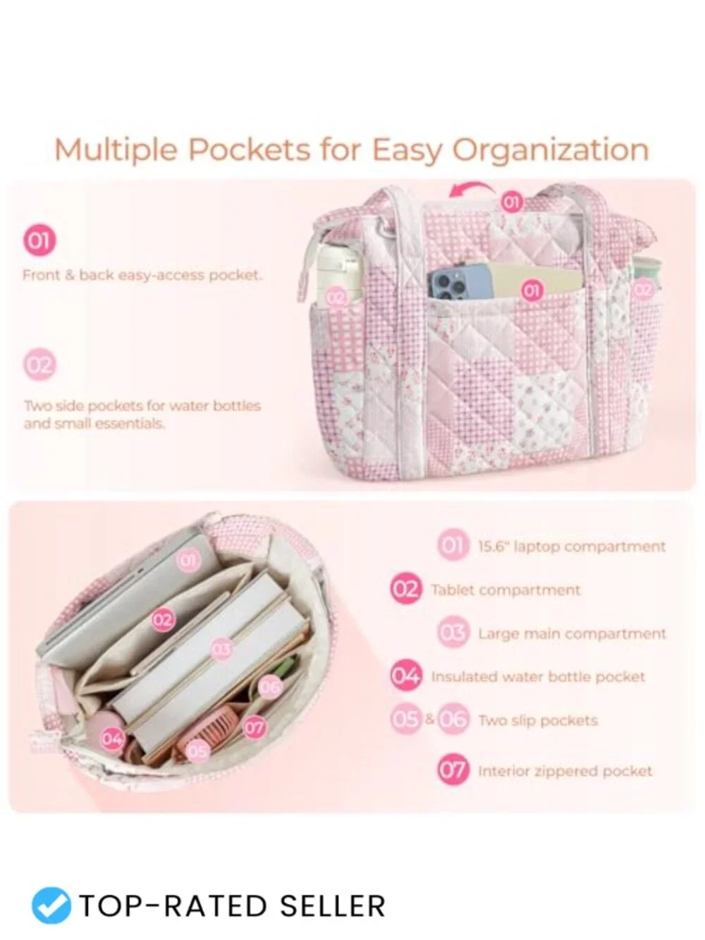 Quilted Tote Bag with Zipper, Large Capacity Shoulder Bag for Work Travel Gym